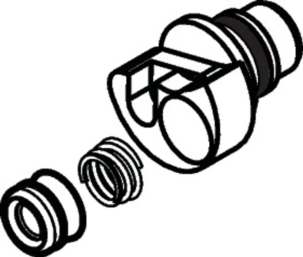 Axor-Verteiler mit mehreren Anschlüssen, bestehend aus einem Hauptteil und zwei separaten Dichtungen, in schematischer Darstellung.